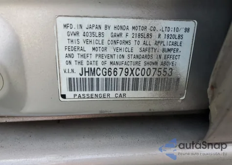 1999 Honda Accord Ex from USA, damaged, VIN JHMCG6679XC007553
